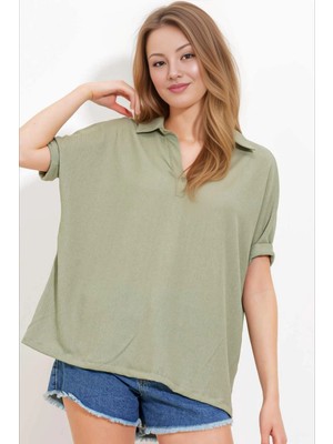 Hazelin Kadın Çağla Yeşili Polo Yaka Geniş Kesim Örme Bluz HZL24S-BD104861