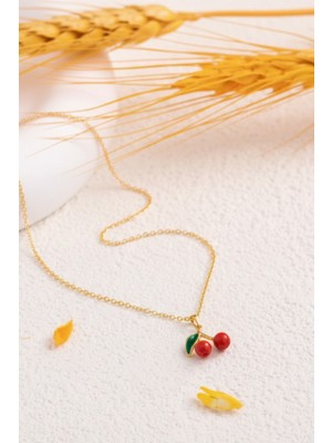 Normadia Kadın Kırmızı Taşlı Kiraz Figürlü Şık Paslanmaz Çelik Kolye