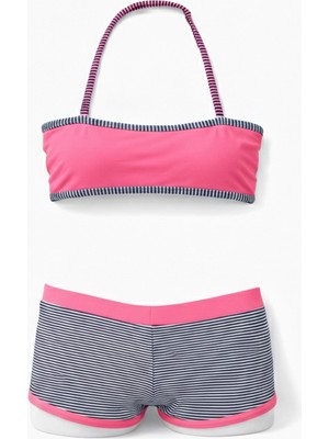 Hazelin Kız Çocuk Açık Pembe Çizgili Şortlu 4-12 Yaş Straplez Bikini Takım HZL24S-LC9034