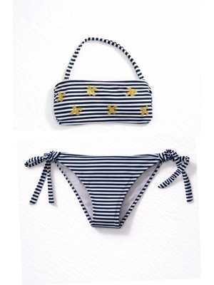 Hazelin Kız Çocuk Lacivert Beyaz Çizgili Arı Çıkartmalı 4-12 Yaş Straplez Bikini Takım HZL24S-LC3228