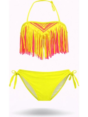 Hazelin Kız Çocuk Neon Sarı Püsküllü Astarlı Bikini Takımı 4-12 Yaş  HZL26S-LC18112
