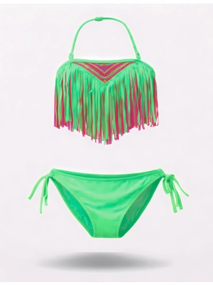 Hazelin Kız Çocuk Neon Yeşil Püsküllü Astarlı Bikini Takımı 4-12 Yaş  HZL26S-LC18112