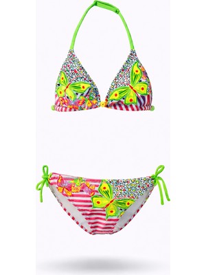 Hazelin Kız Çocuk Pembe Kelebek Desenli  2-8 Yaş Üçken Bikini Takım HZL24S-LC2134