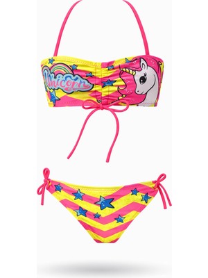 Hazelin Kız Çocuk Pembe Unicorn Desenli  2-8 Yaş Straplez Bikini Takım HZL24S-LC3658