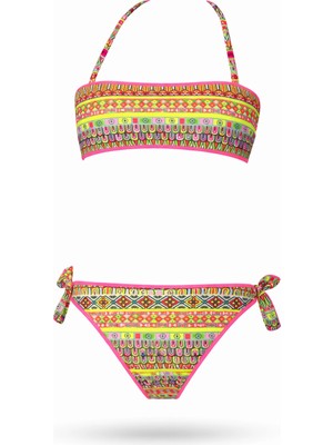 Hazelin Kız Çocuk Somon Neon Sarı Çok Renkli Astarlı 4-12 Yaş Straplez Bikini Takım HZL24S-LC6355