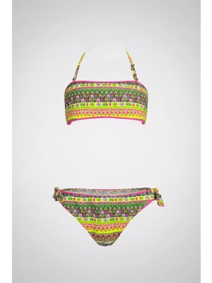 Hazelin Kız Çocuk Pembe Neon Sarı Çok Renkli Astarlı 4-12 Yaş Straplez Bikini Takım HZL24S-LC6355
