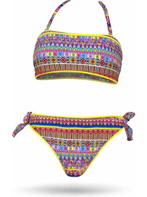 Hazelin Kız Çocuk Mavi Neon Sarı Çok Renkli Astarlı 4-12 Yaş Straplez Bikini Takım HZL24S-LC6355