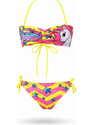 Hazelin Kız Çocuk Neon Sarı Unicorn Desenli  2-8 Yaş Straplez Bikini Takım HZL24S-LC3658