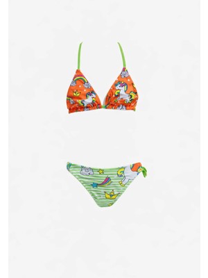 Hazelin Kız Çocuk Turuncu Yeşil Unicorn Temalı Bikini Takım HZL25S-LC19049