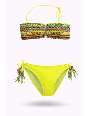 Hazelin Kız Çocuk Sarı Çok Renkli  Ip Detaylı Astarlı 4-12 Yaş Üçgen Bikini Takım HZL24S-LC1904