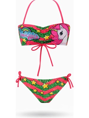 Hazelin Kız Çocuk Neon Pembe Unicorn Desenli  2-8 Yaş Straplez Bikini Takım HZL24S-LC3658