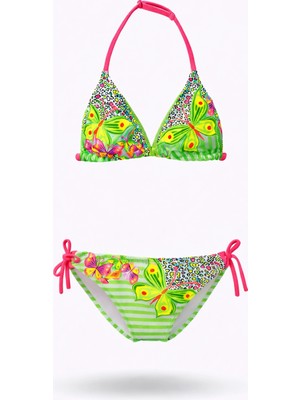 Hazelin Kız Çocuk Yeşil Kelebek Desenli  2-8 Yaş Üçken Bikini Takım HZL24S-LC2134