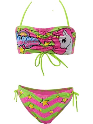 Hazelin Kız Çocuk Neon Yeşil Unicorn Desenli  2-8 Yaş Straplez Bikini Takım HZL24S-LC3658