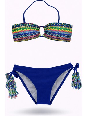 Hazelin Kız Çocuk Mavi Çok Renkli  Ip Detaylı Astarlı 4-12 Yaş Üçgen Bikini Takım HZL24S-LC1904