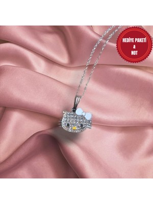 Normadia Kedi Figürlü Taşlı Gümüş Renk Zincir Çelik Kolye, Zarif Takı