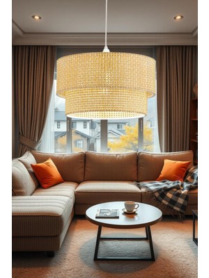 Modern 2 Katlı Doğal Hazeran Kumaş Plastik Tel Sarkıt Avize