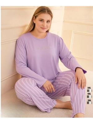 Bursa Pijama Kadın Uzun Kol Büyük Beden Bisiklet Yaka Çizgili Pijama Takımı
