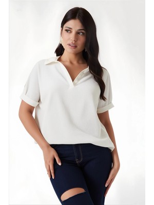 Hazelin Kadın Ekru Polo Yaka Geniş Kesim Örme Bluz HZL24S-BD104861