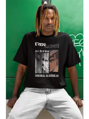 Sevbano Eren Yeager Suicidal Blockhead Baskılı Unisex Oversize Attack On Titan Anime Karakter Tişört