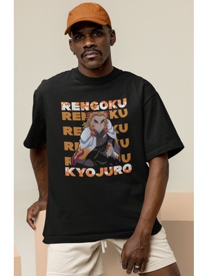 Sevbano Kyojuro Rengoku Baskılı Unisex Oversize Kimetsu No Yaiba Anime Karakter Tişört
