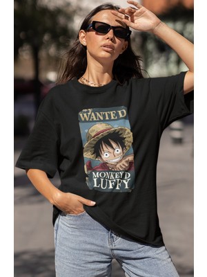 Sevbano Wanted Monkey D. Luffy Baskılı Unisex Oversize One Piece Anime Karakter Tişört