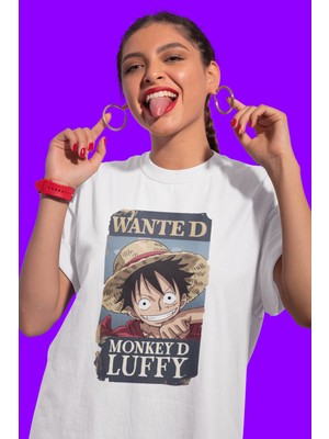 Sevbano Wanted Monkey D. Luffy Baskılı Unisex Oversize One Piece Anime Karakter Tişört