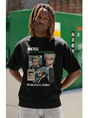 Sevbano Tasarım One Piece Roronoa Zoro Baskılı Unisex Oversize Anime Dizi Karakter Tişört