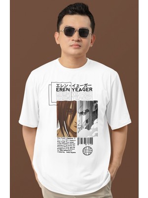 Sevbano Tasarım Eren Yeager Attack On Titan Baskılı Unisex Oversize Anime Dizi Karakter Tişört