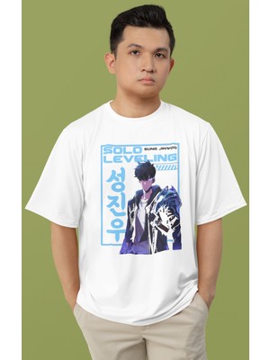 Sevbano Tasarım Solo Leveling Sung Jin Woo Baskılı Unisex Oversize Anime Karakter Tişört