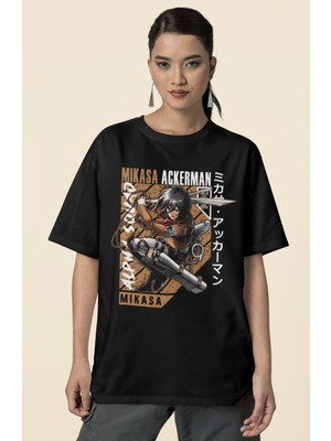 Sevbano Tasarım Mikasa Ackerman Attack On Titan Baskılı Unisex Oversize Anime Karakter Tişört