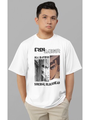 Sevbano Eren Yeager Suicidal Blockhead Baskılı Unisex Oversize Attack On Titan Anime Karakter Tişört