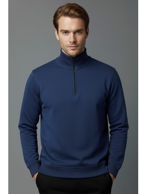 Evolaria Unisex Kışlık Mavi Yarım Fermuarlı Dik Yaka 2 Iplik Basic Sweatshirt