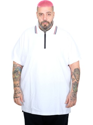 Mode Xl Büyük Beden Erkek Fermuarlı Polo Yaka T-Shirt 25319 Beyaz