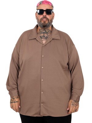 ModeXL Büyük Beden Erkek Gömlek Uzun Kol Sütlü Kahve Günlük Stil Bol Kesim
