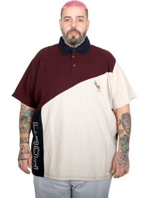Mode Xl Büyük Beden Erkek Parçalı Polo Yaka T-Shirt 25314 Mürdüm