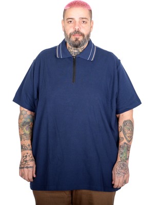 Mode Xl Büyük Beden Erkek Fermuarlı Polo Yaka T-Shirt 25320 Indıgo