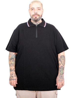 ModeXL Erkek Fermuarlı Polo Yaka T-Shirt 25319 Siyah Oversize Günlük Stil Kısa Kol %100 Pamuk