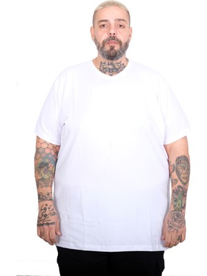 ModeXL Mode Xl Büyük Beden Erkek Basic V Yaka T-Shirt 20150 Beyaz