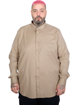 ModeXL Mode Xl Büyük Beden Erkek Uzun Kollu Gabardin Cepli Gömlek 25604 Bej