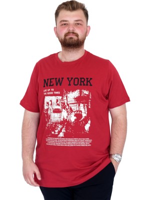 ModeXL Mode Xl Büyük Beden Erkek T-Shirt Bisiklet Yaka New York U25036 Bordo