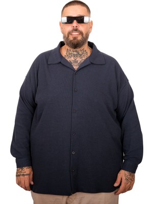 Mode Xl Büyük Beden Erkek Lacivert Antık Gömlek Uzun Kol Günlük Stil Bol Kesim