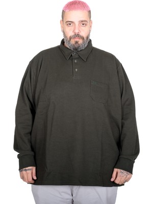 ModeXL Haki Renkli Büyük Beden Erkek Uzun Kollu Cepli Interlok Polo Oversize Tasarım U22460