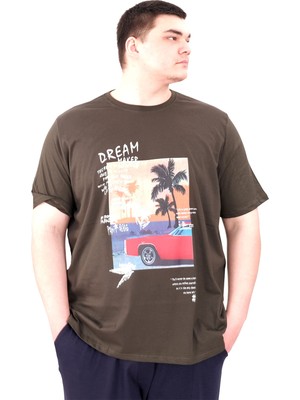 ModeXL Mode Xl Büyük Beden Erkek Baskılı T-Shirt Palm Dream U25026 Haki