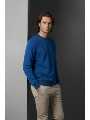 Evolaria Unisex Kışlık Saks Mavi Üç Iplik Şardonlu Kalın Bisiklet Yaka Basic Sweatshirt