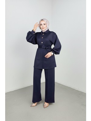 Weak Blue Şık Tesettür Tunik Pantolon Takım – Kuşaklı Düğmeli Uzun Kollu Ikili Takım