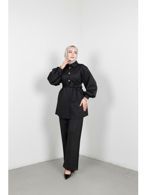 Weak Blue Şık Tesettür Tunik Pantolon Takım – Kuşaklı Düğmeli Uzun Kollu Ikili Takım