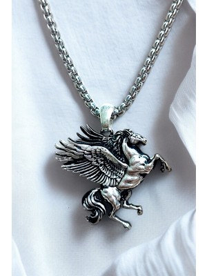 Normadia Şık Gümüş Kaplama Pegasus Uçan At Erkek Kolye Madalyon