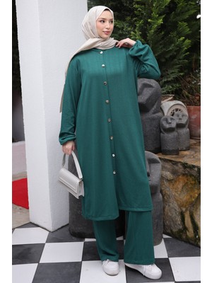 İmaj Butik Zümrüt Yeşili Düğmeli Tunik Pantolonlu Bürümcük Takım