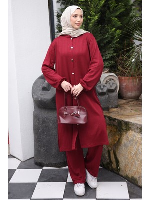 İmaj Butik Bordo Düğmeli Tunik Pantolonlu Bürümcük Takım