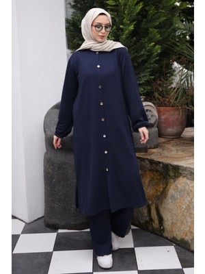 İmaj Butik Lacivert Düğmeli Tunik Pantolonlu Bürümcük Takım